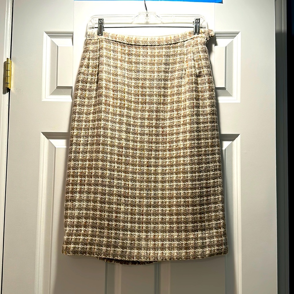 CUSTOM MADE skirt, 14 in waist, wool fabric, lined, taupe, cream, brown colored